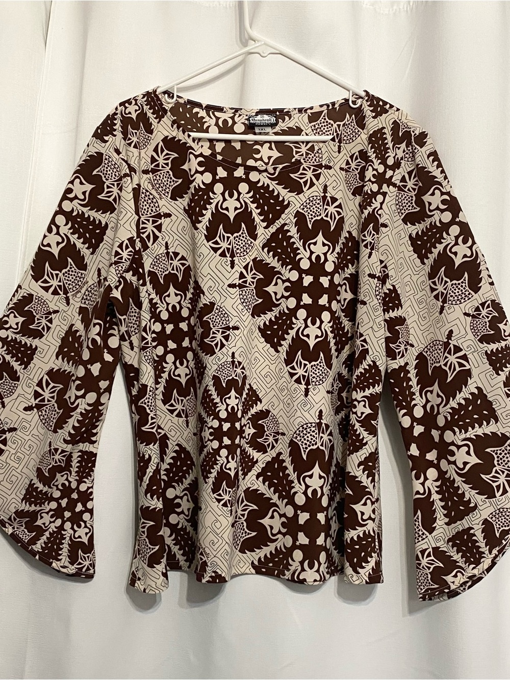 Manuheali'i Women's Hawaiian Quilt Print Boat Neck Tunic Top Brown Beige Sz 3XL